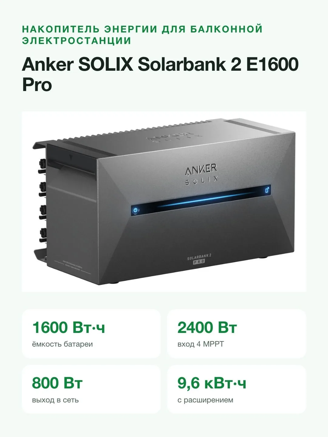 Домашняя батарея Anker SOLIX Solarbank 2 E1600 Pro, 1600 Вт·ч, 4 MPPT 2400 Вт, выход 800 Вт — фото 5 из 11