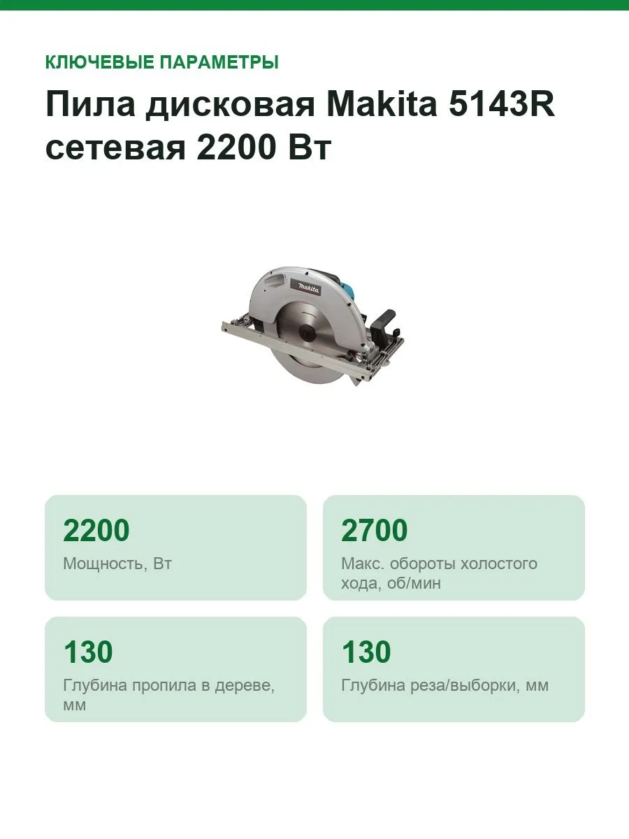 Пила дисковая Makita 5143R, 2200Вт, 2700об/м, диск 355х30мм, рез-130мм — фото 2 из 8