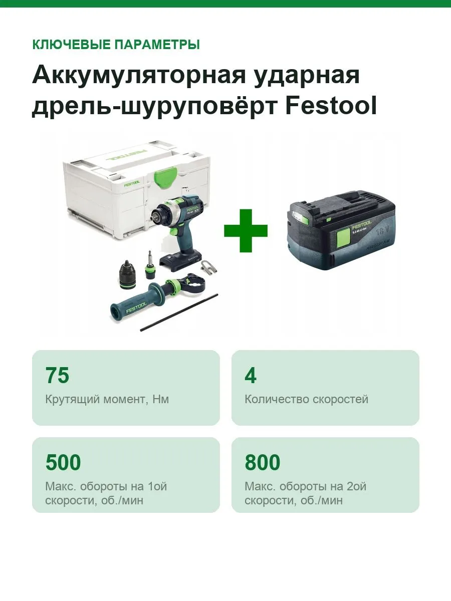 Аккумуляторная ударная дрель-шуруповёрт Festool TPC 18/4 I-BASIC-5,0 577053 — фото 2 из 6