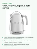 Электрочайник SMEG 50's Style KLF04SSEU 1,7 л, 2400 Вт, 7 температур, полированная сталь