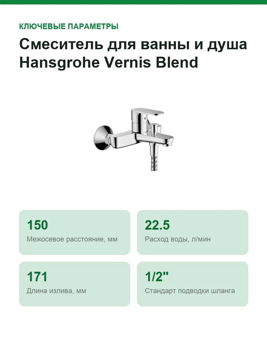 Смеситель для ванны и душа Hansgrohe Vernis Blend настенный, переключатель на душ, вылет 171 мм, хром — фото 2 из 11