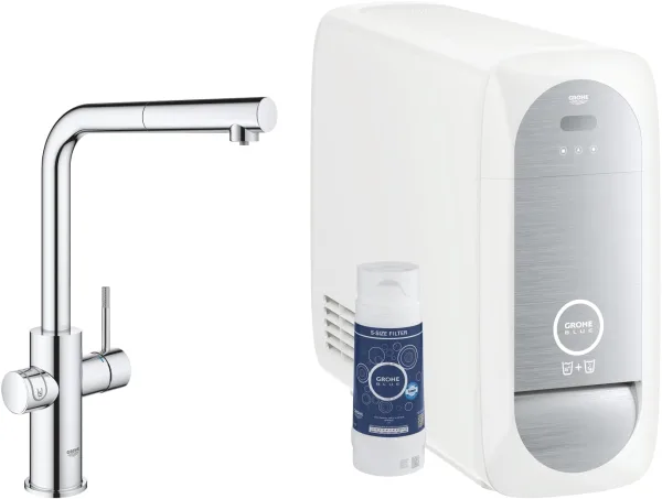 Стартовый комплект GROHE Blue Home (кухонный смеситель с функцией фильтрации, для газированной воды, Wi-Fi, выдвижной L-образный носик), хром, 31927001