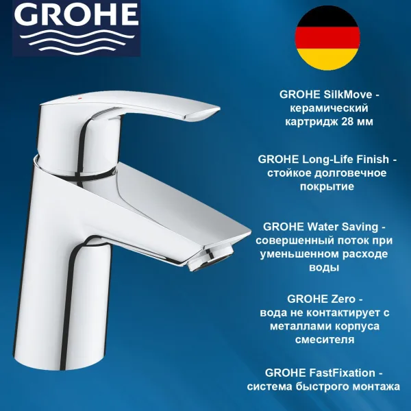 Смеситель для раковины корпус маленький, цвет: хром GROHE Eurosmart 2021 23967003