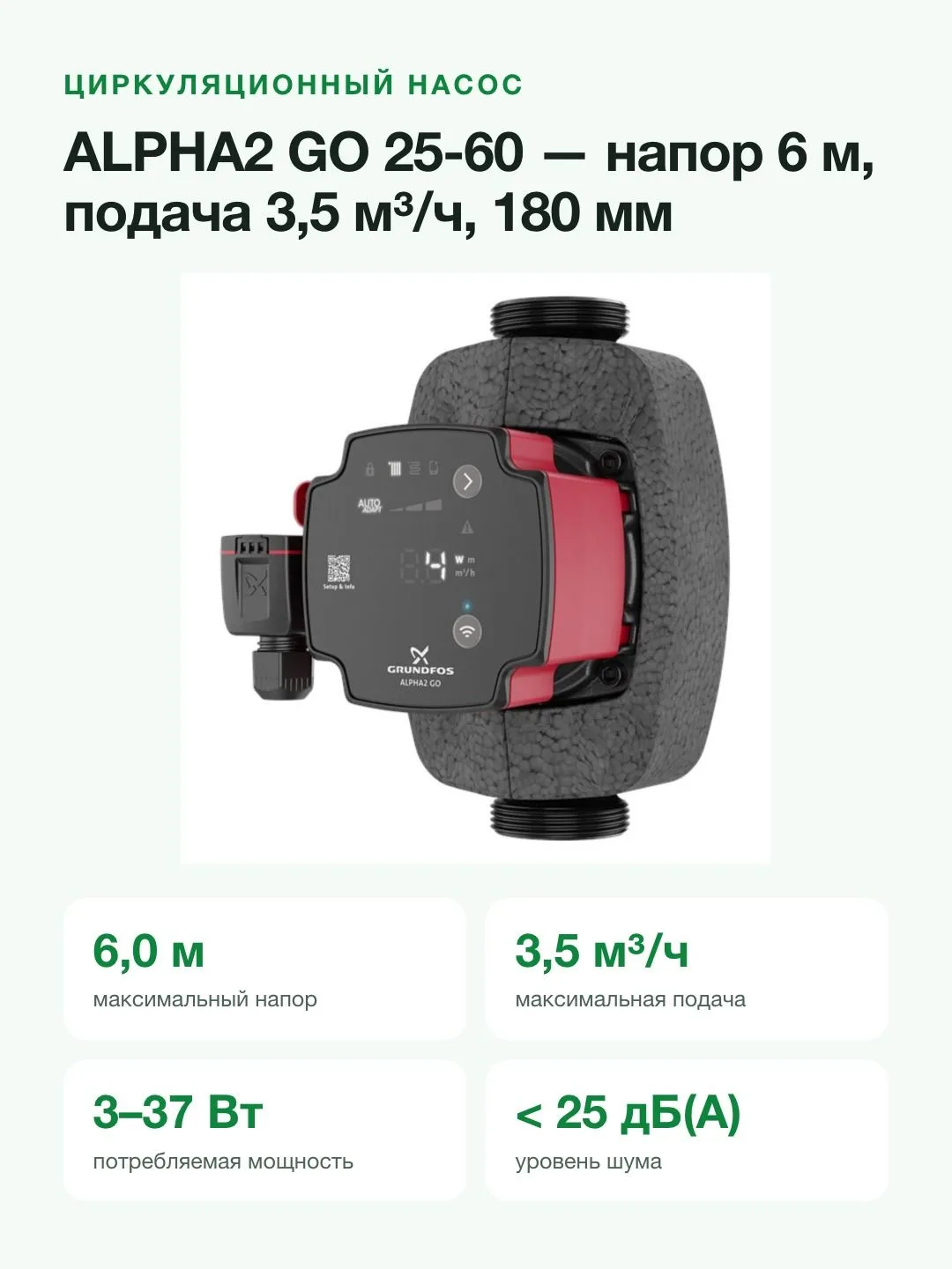 Циркуляционный насос Grundfos ALPHA2 GO 25-60 180, напор 6 м, подача 3,5 м³/ч, Bluetooth — фото 5 из 11