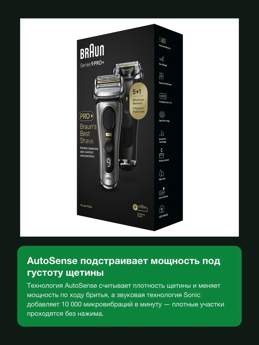 Электробритва Braun Series 9 PRO+ 9515s с зарядной подставкой и футляром — фото 3 из 8