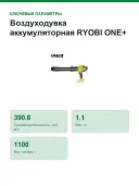 Воздуходувка аккумуляторная RYOBI ONE+ HP RY18BLCXA-0 18 В, 241 км/ч, бесщёточная, без АКБ и ЗУ