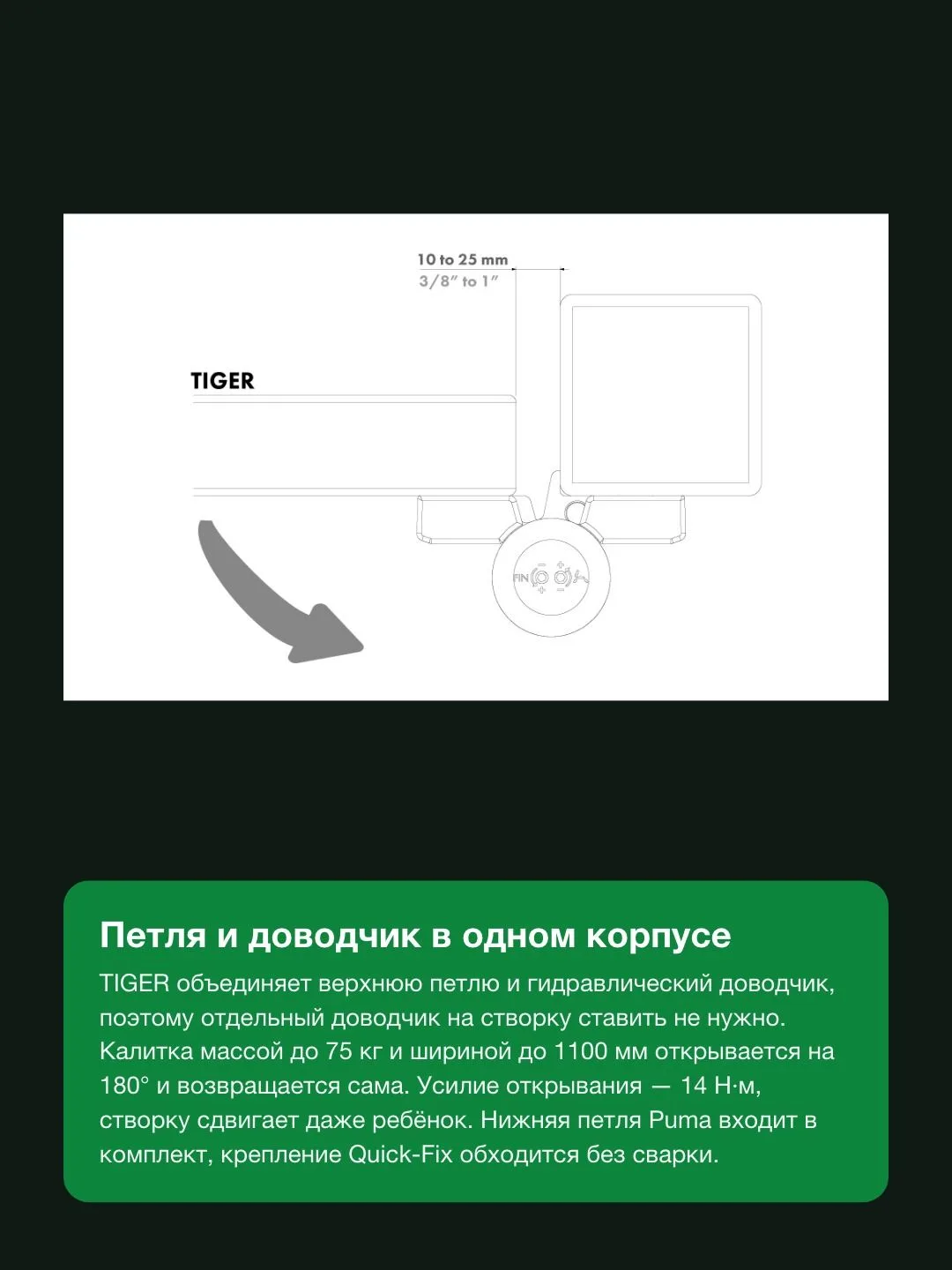 Гидравлический доводчик калитки Locinox TIGER чёрный RAL 9005, до 75 кг и 1100 мм — фото 6 из 11