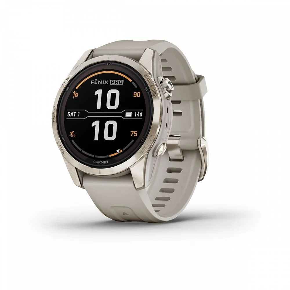 Смарт-часы Garmin Fenix 7s Pro Sapphire Solar золотистый корпус со светло-песочным ремешком, 010-02776-15