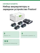 Набор аккумуляторы и зарядное устройство Festool SYS 18V 4*5,0/TCL 6 DUO 577709