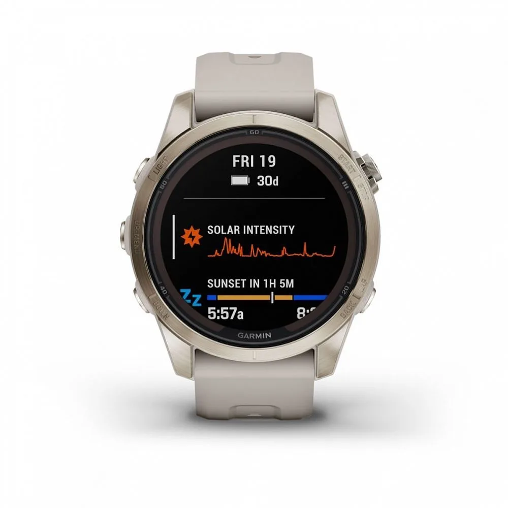 Смарт-часы Garmin Fenix 7s Pro Sapphire Solar золотистый корпус со светло-песочным ремешком, 010-02776-15 — фото 6 из 8