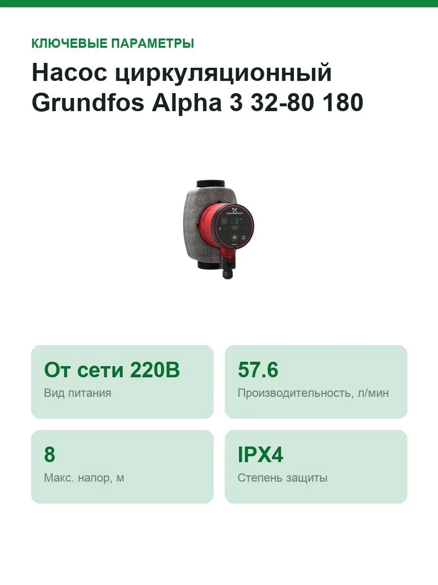 Насос циркуляционный Grundfos Alpha 3 32-80 180 (99371946) — фото 2 из 10
