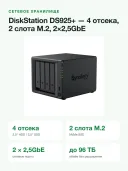 Сетевое хранилище Synology DiskStation DS925+, 4 отсека, 4 ГБ DDR4 ECC, 2 слота M.2 NVMe, 2×2.5GbE