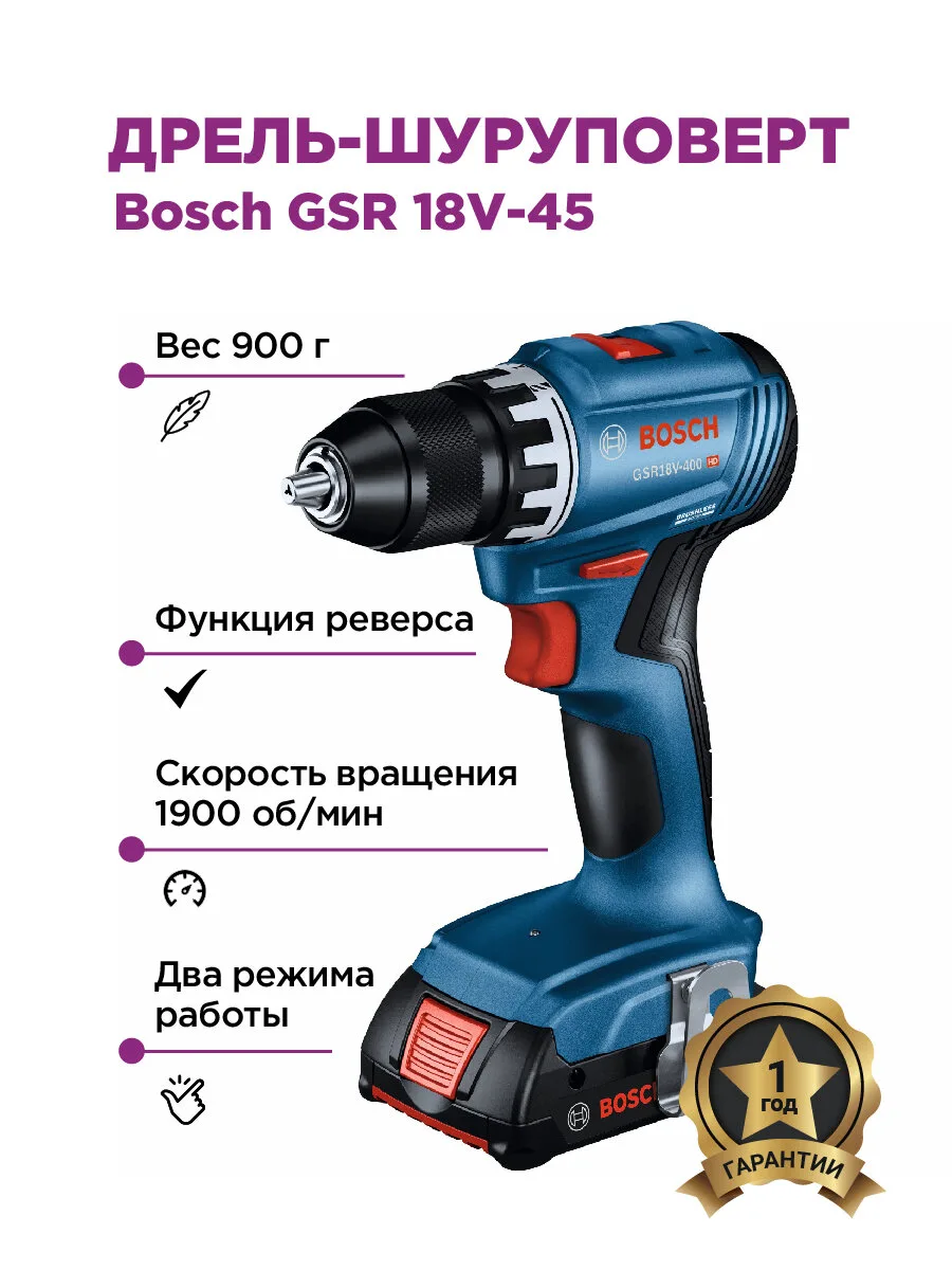 Дрель-шуруповёрт Bosch GSR 18V-45 06019K3202, 13/25мм, синий — фото 2 из 9