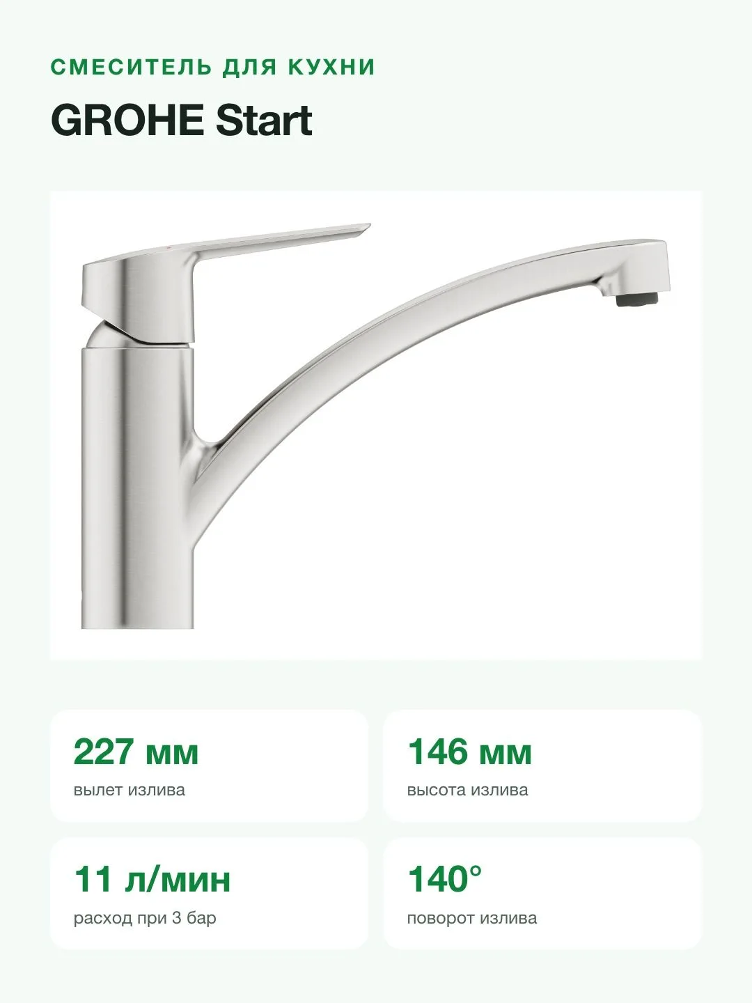 Смеситель для кухни GROHE Start 32441DC2 однорычажный, низкий излив, поворот 140°, суперсталь — фото 2 из 8