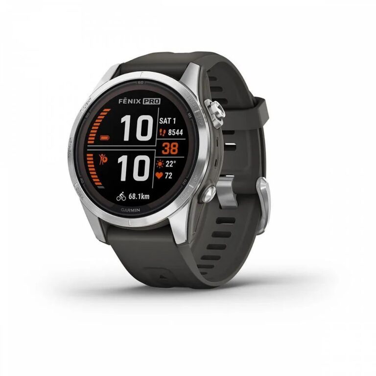 Часы Garmin FENIX 7S PRO Solar серебристый с черным силиконовым ремешком 010-02776-01
