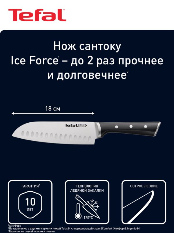 Нож кухонный сантоку Ice Force Tefal K2320614 18 см, нержавеющая сталь, эргономичная ручка с заклепками, защита от скольжения пальцев