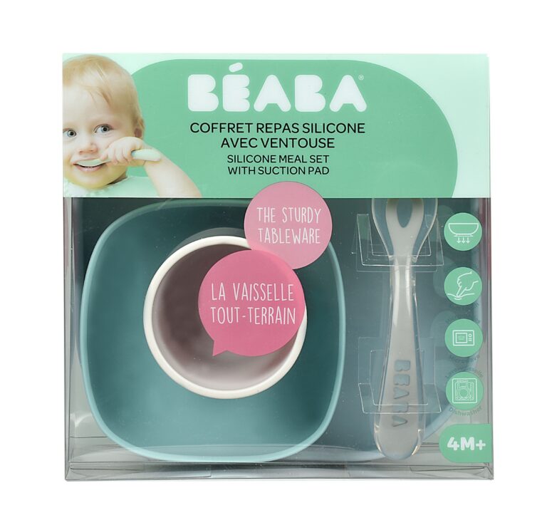 Набор силиконовой детской посуды Beaba Jungle: 2 тарелки на присоске, стакан силиконовый, ложка детская для кормления и прикорма