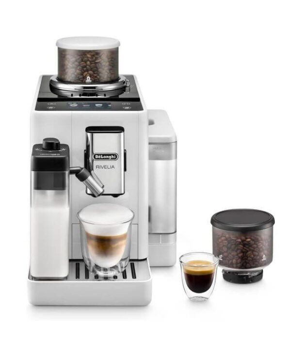 Кофемашина автоматическая DeLonghi Rivelia Perfetto EXAM440.55.W, 1.4 л, 19 бар, 16 рецептов, авто капучинатор, сенсорное управление, белая