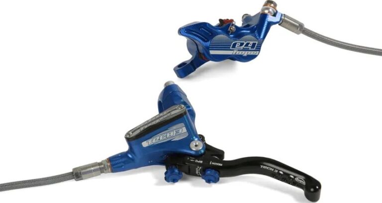 Гидравлический дисковый передний тормоз и комплект для горного велосипеда Hope Tech 4 E4 MTB, синий - вид сбоку