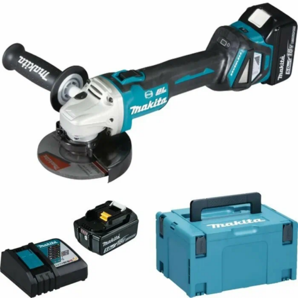 УШМ Makita DGA513RTJ, бесщеточный двигатель, 125мм, 18В, 5Ач, 2шт, ЗУ + кейс